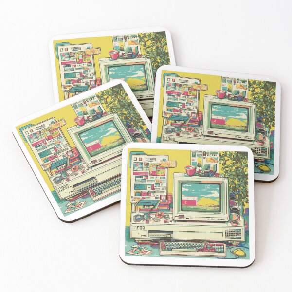 Item preview, retro computer setup with colorful pastel software icons and pop up windows evokes nostalgia for 1990s technology. scene includes desktop, old software, and various accessories designed and sold by DadGenX.