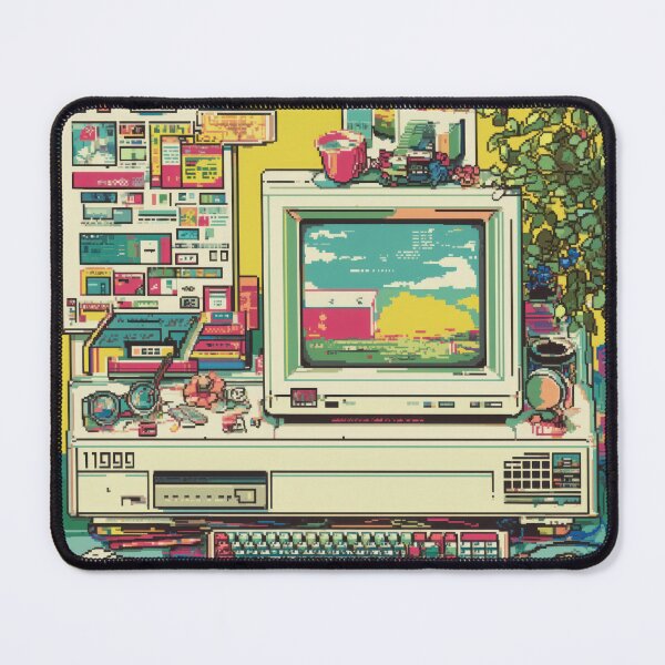 Item preview, retro computer setup with colorful pastel software icons and pop up windows evokes nostalgia for 1990s technology. scene includes desktop, old software, and various accessories designed and sold by DadGenX.