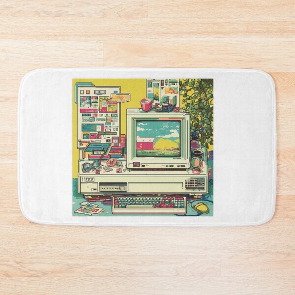 Item preview, retro computer setup with colorful pastel software icons and pop up windows evokes nostalgia for 1990s technology. scene includes desktop, old software, and various accessories designed and sold by DadGenX.