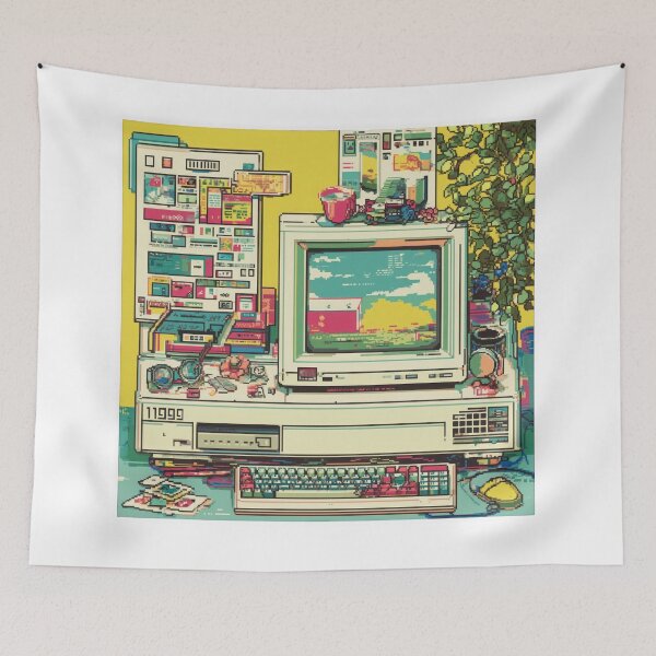 Item preview, retro computer setup with colorful pastel software icons and pop up windows evokes nostalgia for 1990s technology. scene includes desktop, old software, and various accessories designed and sold by DadGenX.
