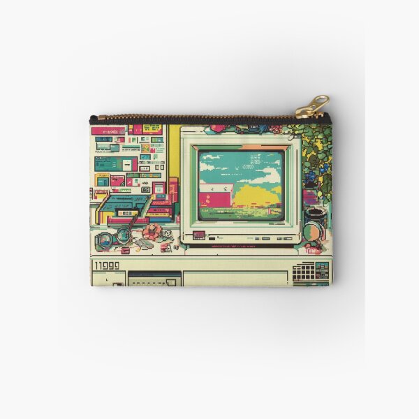 Item preview, retro computer setup with colorful pastel software icons and pop up windows evokes nostalgia for 1990s technology. scene includes desktop, old software, and various accessories designed and sold by DadGenX.