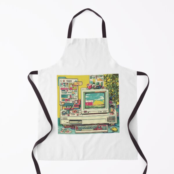 Item preview, retro computer setup with colorful pastel software icons and pop up windows evokes nostalgia for 1990s technology. scene includes desktop, old software, and various accessories designed and sold by DadGenX.