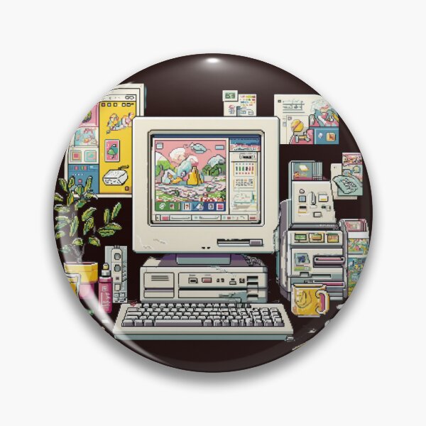 Item preview, retro computer setup with colorful pixel art icons and pop up windows evokes nostalgia for 1999. scene includes desktop, keyboard, and various vintage software elements in pastel palette designed and sold by DadGenX.
