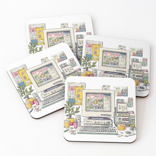 Item preview, retro computer setup with colorful pixel art icons and pop up windows evokes nostalgia for 1999. scene includes desktop, keyboard, and various vintage software elements in pastel palette designed and sold by DadGenX.