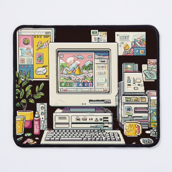 Item preview, retro computer setup with colorful pixel art icons and pop up windows evokes nostalgia for 1999. scene includes desktop, keyboard, and various vintage software elements in pastel palette designed and sold by DadGenX.