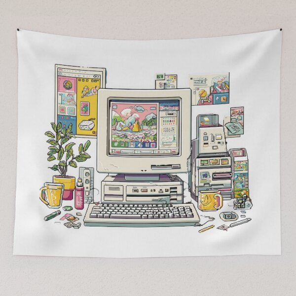 Item preview, retro computer setup with colorful pixel art icons and pop up windows evokes nostalgia for 1999. scene includes desktop, keyboard, and various vintage software elements in pastel palette designed and sold by DadGenX.