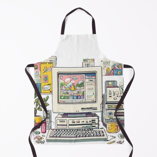 Item preview, retro computer setup with colorful pixel art icons and pop up windows evokes nostalgia for 1999. scene includes desktop, keyboard, and various vintage software elements in pastel palette designed and sold by DadGenX.