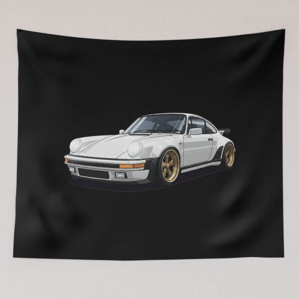 Item preview, Pristine White Widebody Classic Coupe - Golden Wheels Automotive Art Print designed and sold by nhstaruna.