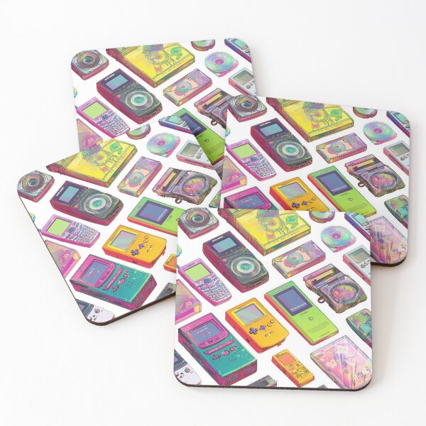 Item preview, colorful collage of vintage 2000s tech gadgets, including old mobile phones, MP3 players, CDs, and game consoles, evokes nostalgia for Y2K design designed and sold by DadGenX.