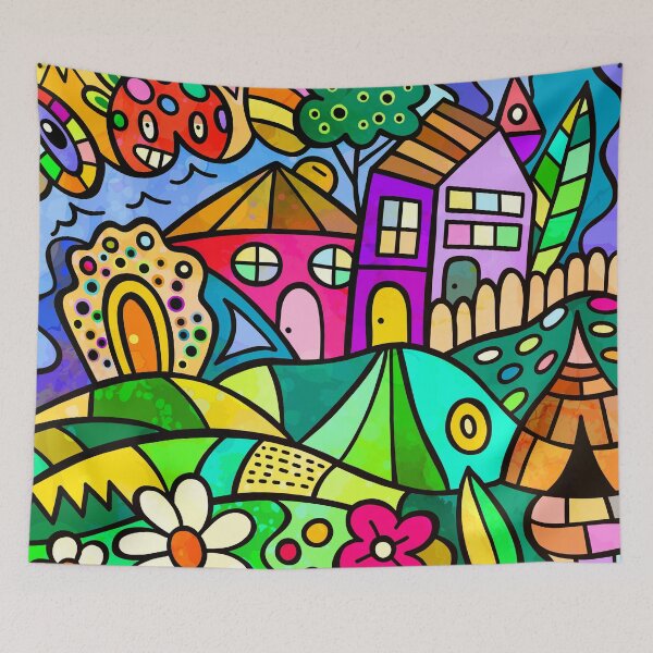 Item preview, Whimsical Doodle Drawing Colorful Houses On A Hill designed and sold by DEC02.
