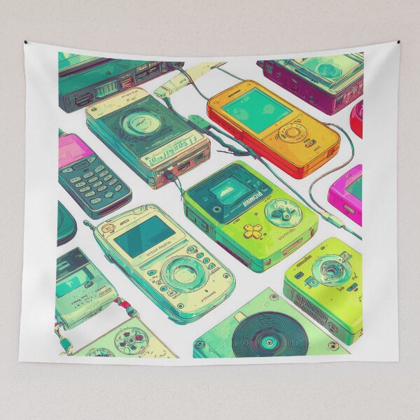 Item preview, retro computer setup with colorful pixel art icons and pop up windows evokes nostalgia for 1999. scene includes desktop, keyboard, and various vintage software elements in pastel palette designed and sold by DadGenX.