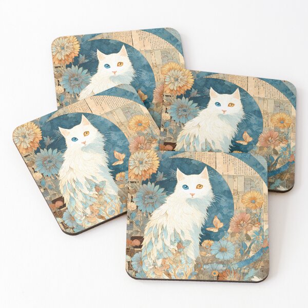 Item preview, White Cat & Crescent Moon Boho Floral designed and sold by DigitalEffects.