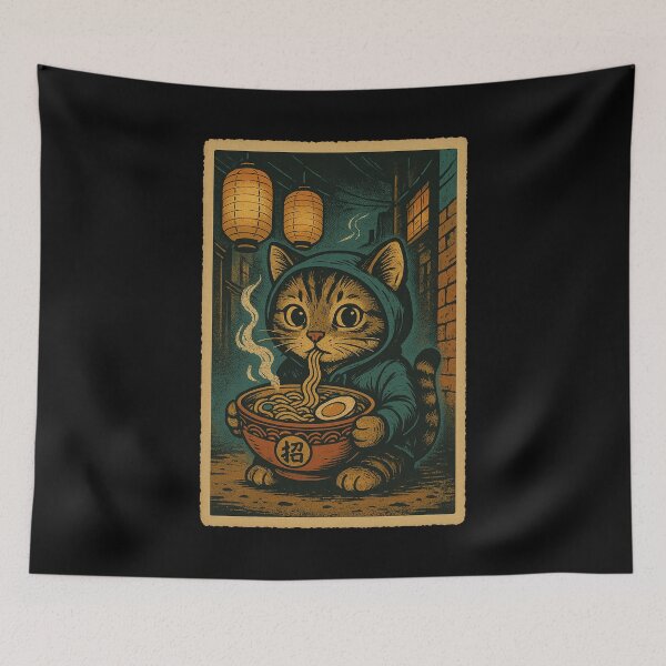 Item preview, Black Cat Ramen Tabby Street Kid Japanese Vintage Style Art designed and sold by Damcoc.
