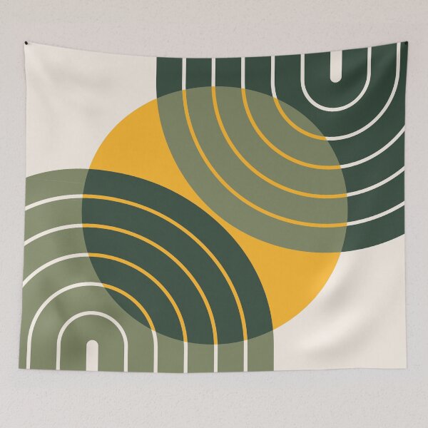 Item preview, Midcentury Modern Geometric Rainbow Sun Abstract in Sage Pine Green  designed and sold by nineFlorals.