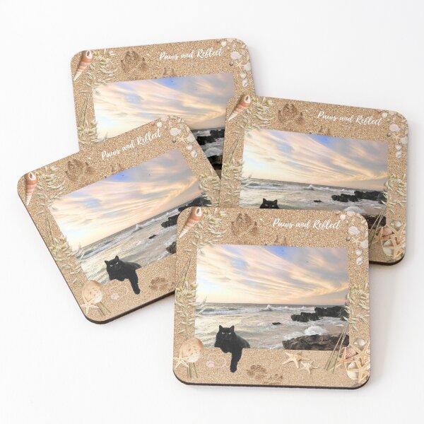 Item preview, Paws and Reflect, ocean scene with black cat designed and sold by SaltyZenAndPaws.