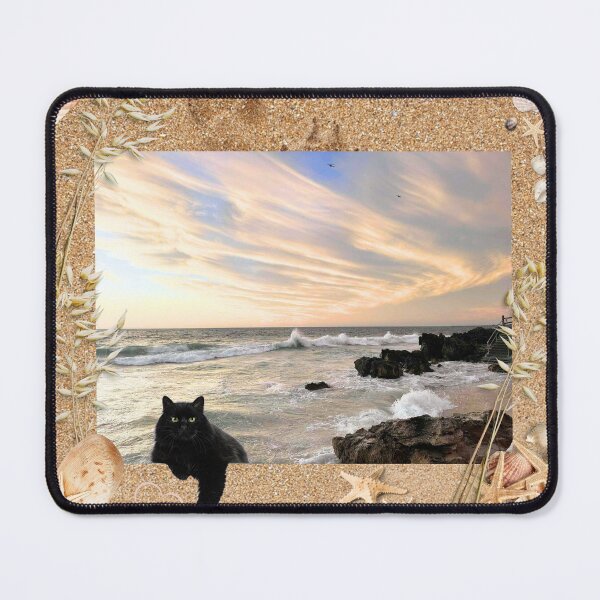 Item preview, Paws and Reflect, ocean scene with black cat designed and sold by SaltyZenAndPaws.