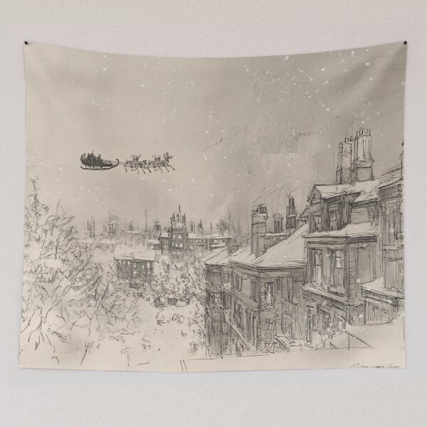 Item preview, Vintage Santa Sleigh Over Town – Cozy Christmas Sketch designed and sold by SleekLineSketches.