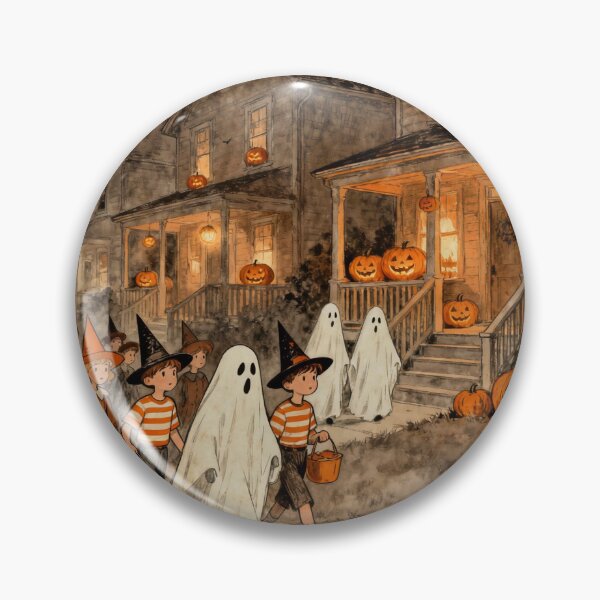 Item preview, Children in Halloween costumes – trick-or-treating in the decorated neighborhood designed and sold by Athena2445.