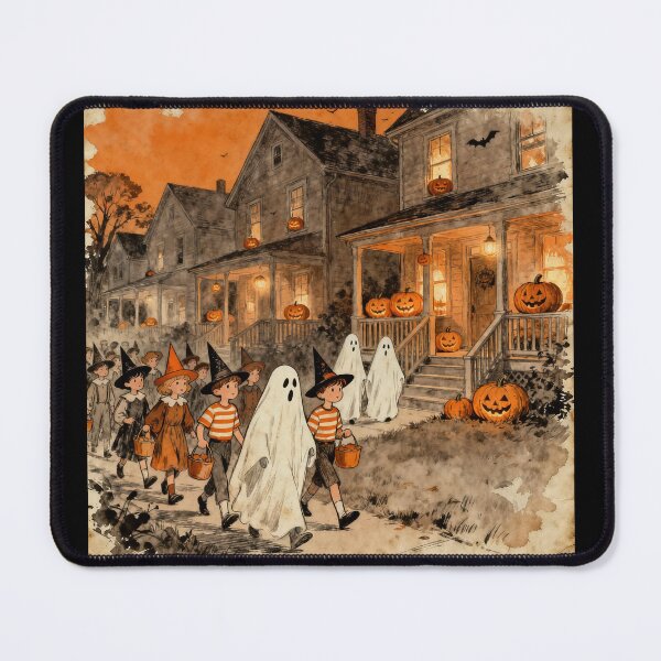 Item preview, Children in Halloween costumes – trick-or-treating in the decorated neighborhood designed and sold by Athena2445.