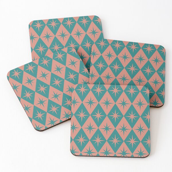 Item preview, Mid Century Retro Starbursts on soft coral and teal diamond shapes pattern  designed and sold by Yasminepatterns .