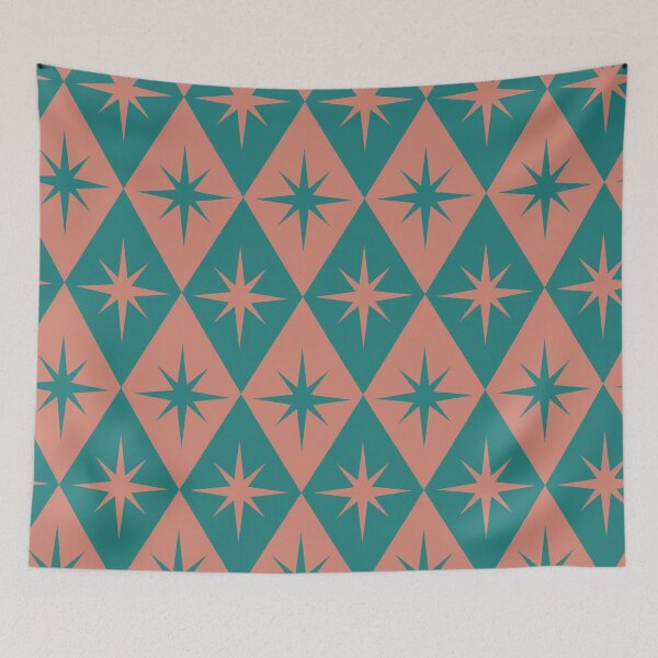 Item preview, Mid Century Retro Starbursts on soft coral and teal diamond shapes pattern  designed and sold by Yasminepatterns .