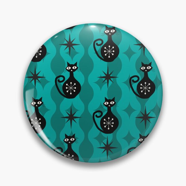 Item preview, Mid Century Black Atomic Cats on Teal Ogee shapes and starbursts   designed and sold by Yasminepatterns .