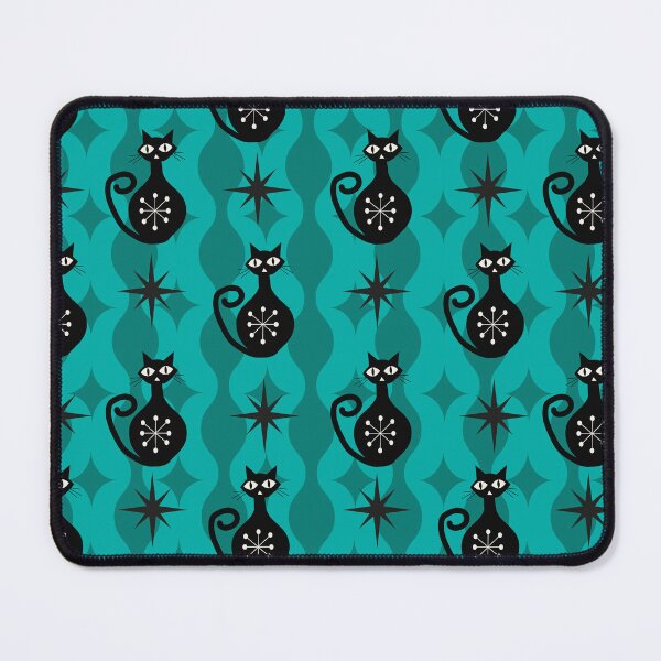 Item preview, Mid Century Black Atomic Cats on Teal Ogee shapes and starbursts designed and sold by Yasminepatterns .