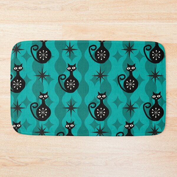Item preview, Mid Century Black Atomic Cats on Teal Ogee shapes and starbursts   designed and sold by Yasminepatterns .