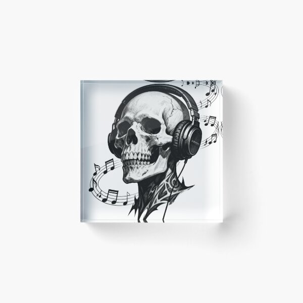 Item preview,  Gothic Skull with Headphones and Swirling Notes – Bold Black Linework designed and sold by artumbre.