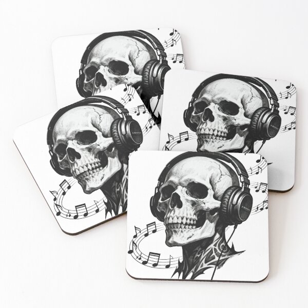 Item preview,  Gothic Skull with Headphones and Swirling Notes – Bold Black Linework designed and sold by artumbre.