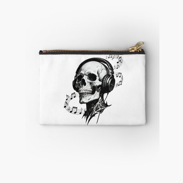 Item preview,  Gothic Skull with Headphones and Swirling Notes – Bold Black Linework designed and sold by artumbre.