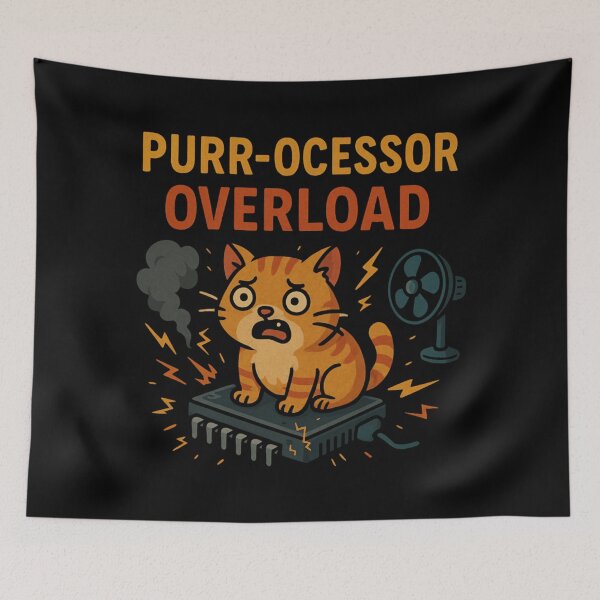 Item preview, Funny Purr-cessor Overload Cat on CPU Cartoon Design. designed and sold by The-T-In-Retro.