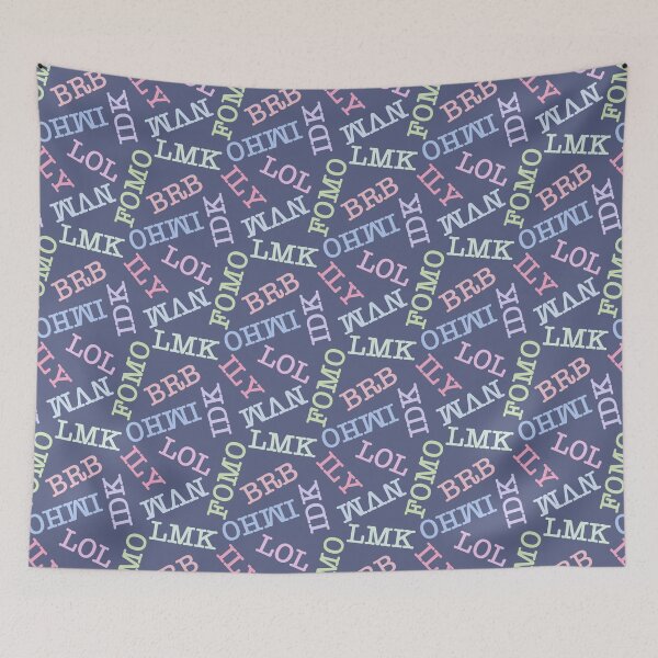 Item preview, SMS Texting Mobile Phone Abbreviations - Pastel Rainbow Colored Writing on Dark Denim Blue designed and sold by piptompatternco.