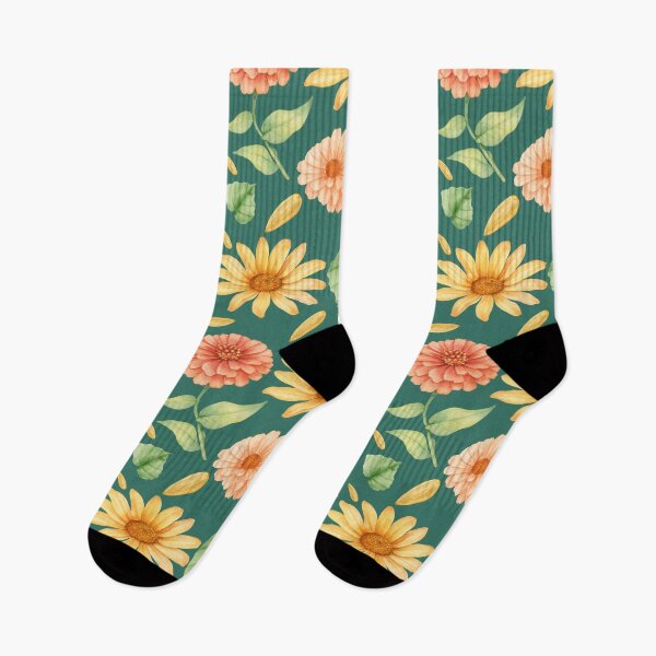 Item preview, Yellow and peach flowers pattern on a teal/dark green background. designed and sold by SmallDart Creations.