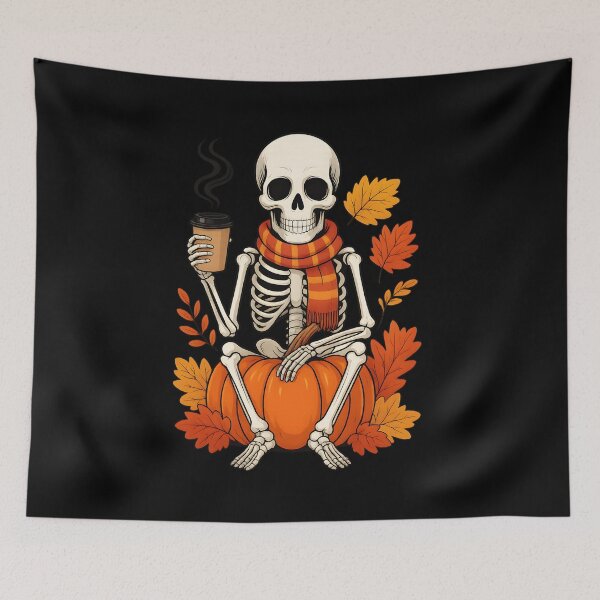Item preview, Cozy skeleton with coffee – Autumn & Halloween design designed and sold by zazastore.