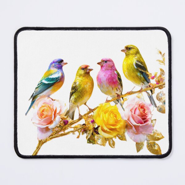 Item preview, Vibrant Colorful Finches on Gold Branch – Exotic Wildlife Art, Nature Lover Gift, Tropical Bird & Roses Floral Design designed and sold by BloomingBeauty7.