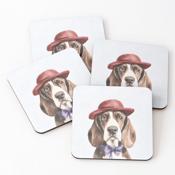 Item preview, Elegant Basset Hound in Red Hat and Bow Tie | Watercolor Dog Portrait designed and sold by skcollage.