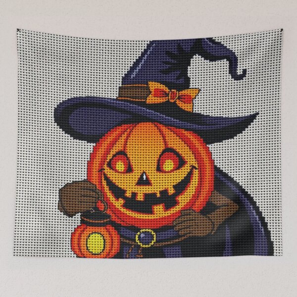 Item preview, Heroic Jack-o’-Lantern Cross-Stitch Art – Witch Hat Pumpkin Needlepoint Halloween Design designed and sold by MiraLumeStudio.