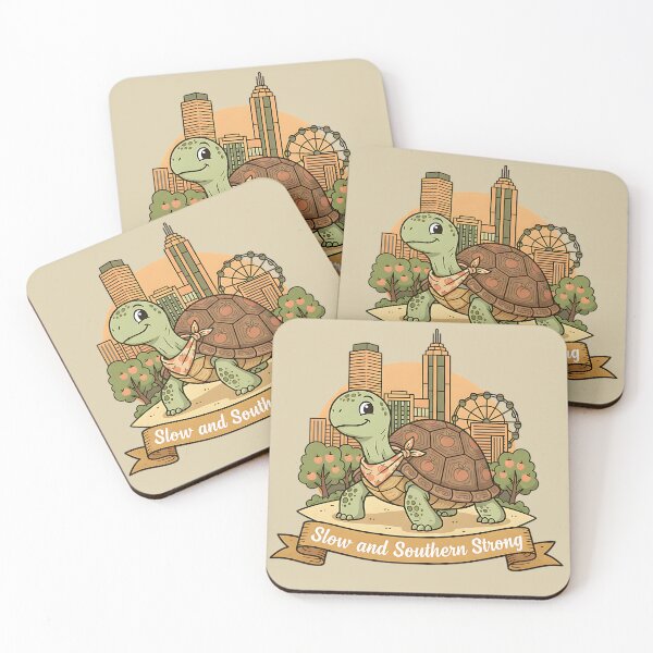 Item preview, Slow and Southern Strong – Peachy Turtle in City Sunset designed and sold by PostersMode.