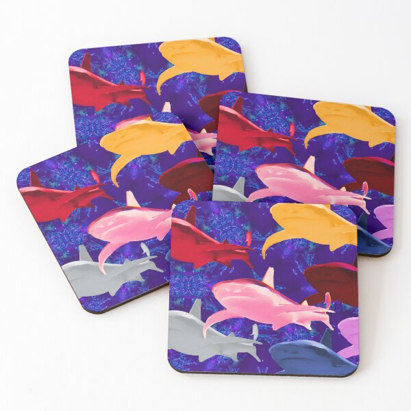Item preview, Colorful sharks in front of kaleidoscopic corals – A cheerful underwater world / Swiss Artwork Photography designed and sold by Raphael Wolf.