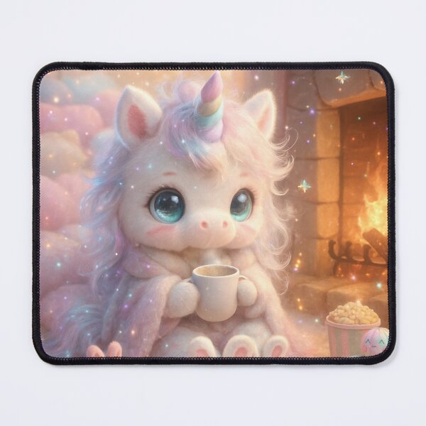 Item preview, Pastel Rainbow Kawaii Unicorn Wearing Bunny Slippers Drinking Hot Chocolate By a Cozy Fire designed and sold by MakersFolly.
