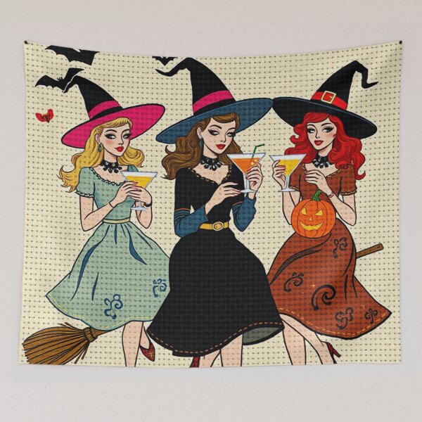 Item preview, Trick or Treat Witches Cross Stitch Design – Retro 1950s Witch Embroidery Art with Pumpkins and Kittens designed and sold by MiraLumeStudio.