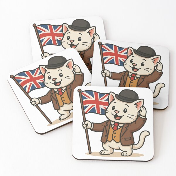 Item preview, British Gentleman Cat Holding Union Jack Cartoon Design. designed and sold by The-T-In-Retro.
