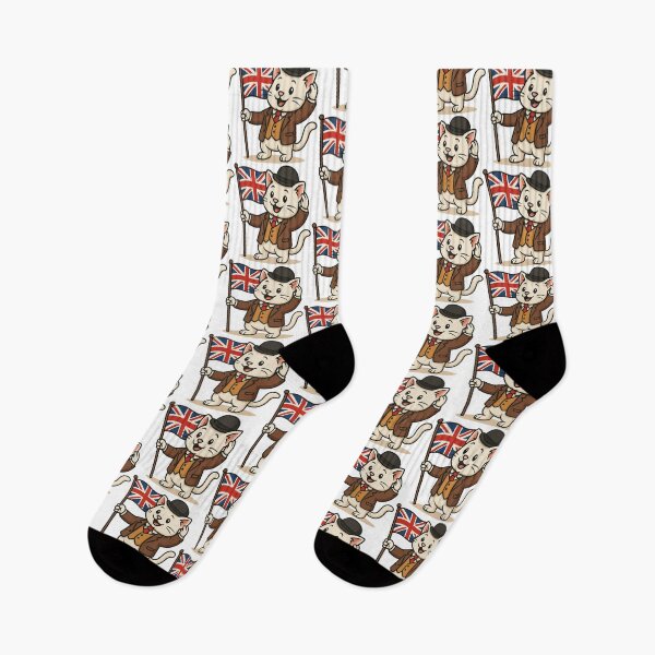Item preview, British Gentleman Cat Holding Union Jack Cartoon Design. designed and sold by The-T-In-Retro.