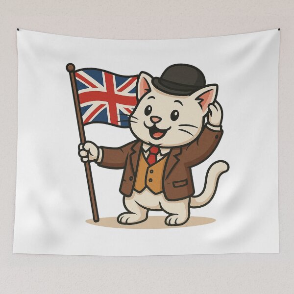 Item preview, British Gentleman Cat Holding Union Jack Cartoon Design. designed and sold by The-T-In-Retro.