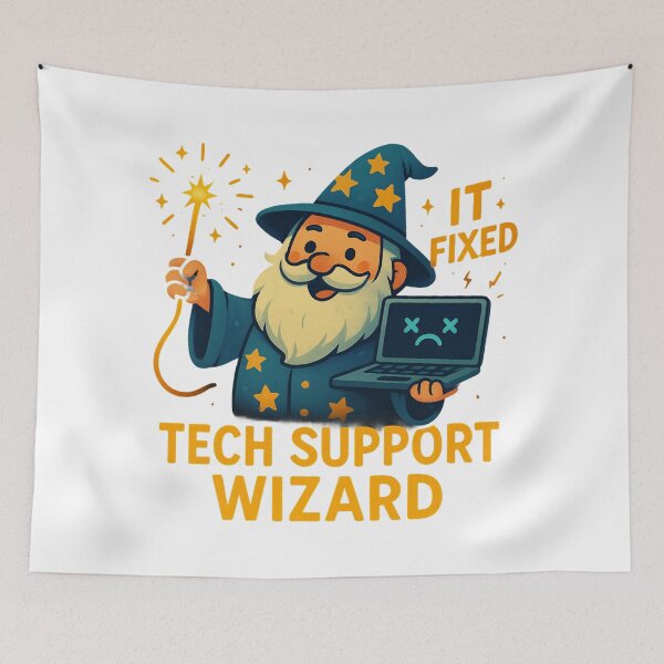 Item preview, Funny Tech Support Wizard Fixing Computer Cartoon Design. designed and sold by The-T-In-Retro.