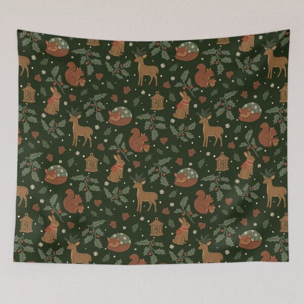 Item preview, Festive Woodland Animals (Forest Green) | Cozy Christmas Folk Art Cottagecore Holiday designed and sold by carlyxdesigns.