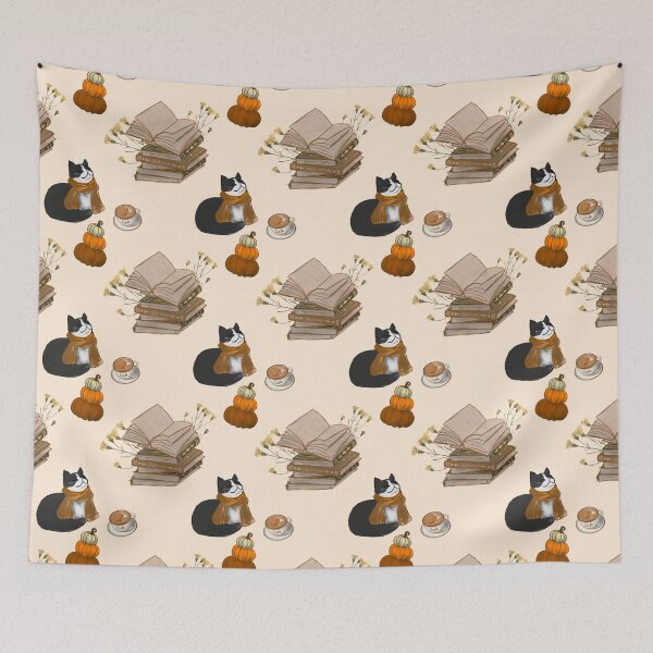 Item preview, Cozy autumn reading cat and Pumpkin, Coffee, fall theme designed and sold by dreamseller88.