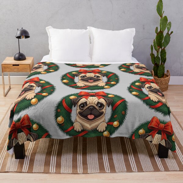 Item preview, Cute Pug Puppy in Christmas Wreath – Adorable Festive Dog Illustration with Red Bow and Golden Ornaments designed and sold by PixelVibe782.
