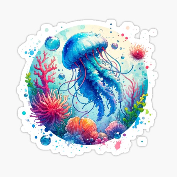 Item preview, Deep Blue Jellyfish and Coral Reef | Vibrant Ocean Watercolor Circle designed and sold by Colorful-Garden.